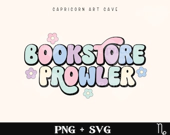 May include: A pastel-colored graphic design with the text "BOOKSTORE PROWLER" in a bubble-like font. The design is surrounded by small pink flowers.