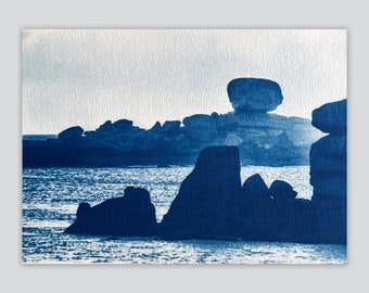 Le Dé et ses rochers, Bretagne, Handmade cyanotype print