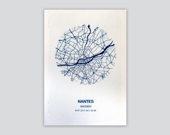 Poster city of Nantes, Map of Nantes, map, Naoned, handmade print, cyanotype, limited edition, decoration