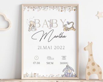 Winnie The Pooh baby birth poster, birth gift, children's room wall decoration, children's poster with name
