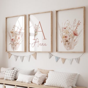 Personalisiert Waldblumenposter Kinderzimmer Poster|Blumen Kinderzimmer Poster|Beige,Rosa Blumen Dekor|Digital Poster mit Kindernamen