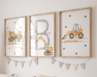Personalized children's poster | Construction site poster | Boys' name poster | Personalized gifts for children | Vehicles children's room picture