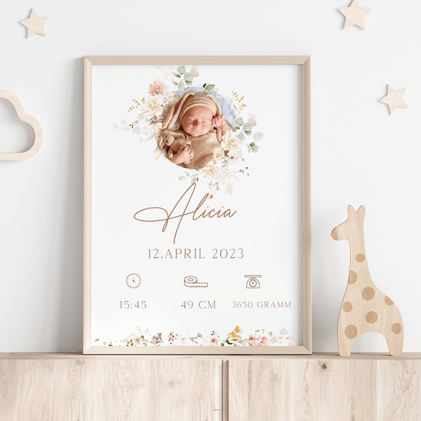 Affiche de naissance florale avec photo de bébé, affiche personnalisée avec dates et prénoms de naissance, cadeau de naissance, bébé maman et papa, baptême