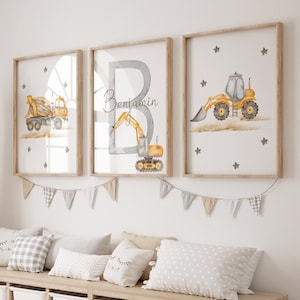 Póster personalizado para niños/Póster del sitio de construcción/Póster con nombre de niños/Regalos personalizados para niños/Imagen de guardería de vehículos
