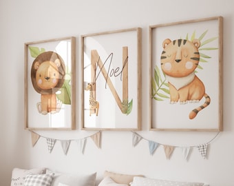 Safari Lion Poster Set with Name Children's Room|Safari Animals Poster|Children's Room Wall Decoration|Wall Pictures|Birth Gift|Boho Forest Animals Picture