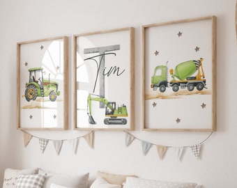 Digger Kids' Room Poster | Construction Site Kids' Room Poster | Name Poster for Boys | Personalized Gifts for Children | Digital Kids' Picture