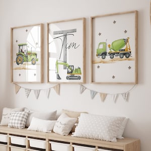 Póster de la habitación de los niños de la excavadora/Póster del sitio de construcción de la guardería/Póster de nombre para niños/Regalos personalizados para niños/Imagen digital para niños