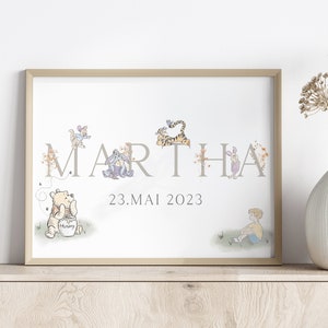 Winnie The Pooh Baby Geburt Poster|Geburt Geschenk|Kinderzimmer Wand Dekor Print|Kinder Poster mit Name|Winnie the Pooh PNG Print mit Name