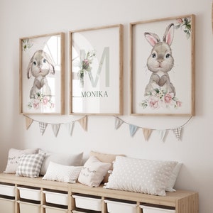 Children's room poster with rabbit motifs | Decoration with rabbits for girls | Pink children's room wall design | Children's room decoration in pink with rabbit
