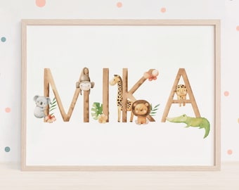 Personalized children's room poster with safari animals, safari poster