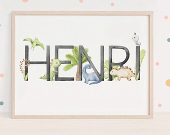 May include: A framed print with the name "HENRI" spelled out in black letters. Each letter is decorated with a different dinosaur and foliage.