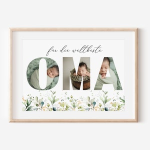 Mother&#39;s Day gift for grandparents|Birthday gift for grandma|Grandma wildflower poster with grandson photo|Flowery wall decor with name|Grandchild poster