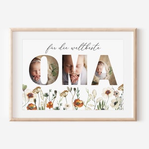 Mother&#39;s Day gift for grandparents|Birthday gift for grandma|Grandma wildflower poster with grandson photo|Flowery wall decor with name|Grandchild poster