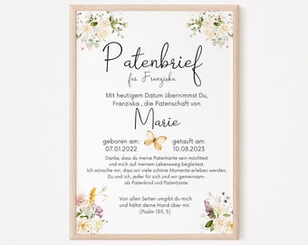 May include: A framed print with German text and floral decorations. The text includes the words "Patenbrief für Franziska", dates, and names. A butterfly graphic is also included. The frame is light brown.