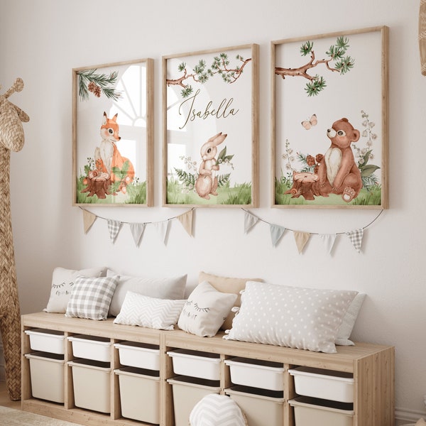 Waldbewohner Kinderzimmer Wandposter|Waldtiere Kinderzimmer Wandkunst|Tierposter für das Kinderzimmer|Waldtieren und Naturmotiven Poster