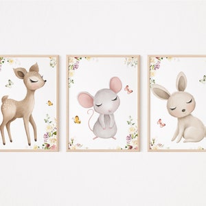 3set Woodland Kinder Poster|Maus, Hase, Hirsch Kinderzimmer Poster|Neugeboren Printable Digital Bild|Geschenke für Kinder|Waldtiere Poster