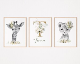 Set of 3 Jungle Animal Nursery Print|Wall Art Print|Personalized Name|Safari Nursery Decor|Lion,Giraffe|Kids Printable