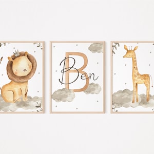 Löwe,Giraffe Digital Kinderzimmer Wandposter|Waldtiere Kinderzimmer Wandkunst|Grau,Braun,neutral Kinderzimmer|Waldtieren und Naturmotiven