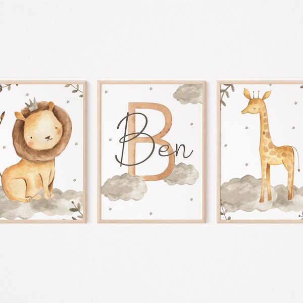 Löwe,Giraffe Digital Kinderzimmer Wandposter|Waldtiere Kinderzimmer Wandkunst|Grau,Braun,neutral Kinderzimmer|Waldtieren und Naturmotiven