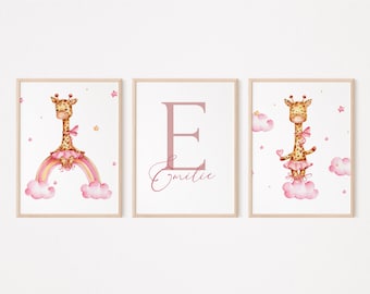 Set of 3 Girls Safari Pink Giraffe Print|Dzsungel Wall Art|Baby Nursery Decor|Baby Dzsungel Wall Decor|Rainbow Pink Girl Print