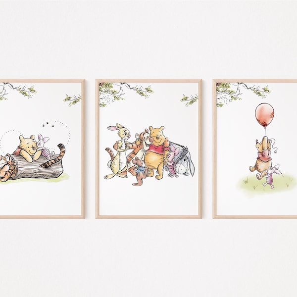 Winnie the Pooh Kinderzimmer|Digitaler Winnie the Pooh Poster|Tiermotive für Kinderzimmer|Waldblumen Winnie the Pooh Png|Tiere Kunstdruck