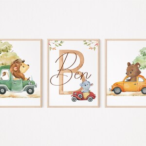 Affiche personnalisée pour enfants| Affiche d’animaux de la forêt| Affiche de nom de garçons| Cadeaux personnalisés pour les enfants| Idées d’images de pépinière de véhicules