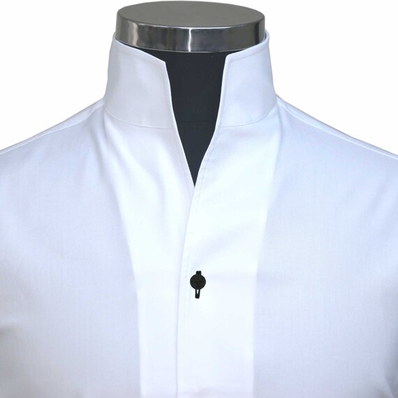 Men's White Open Buttonless High Collar Dress Shirt Contrast