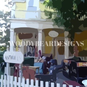 May include: A yellow building with a white picket fence in front of it. The building has a sign that says "Antiques" and a sign that says "Woodybeard Designs". There are several chairs and tables in front of the building.