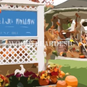 May include: A white sign with blue lettering that reads "Fall Hollow" with a white picket fence and a white rooster silhouette. The sign is in front of a gazebo with autumn decorations and pumpkins.