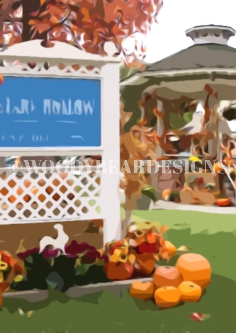 May include: A white sign with blue lettering that reads "Fall Hollow" with a white picket fence and a white rooster silhouette. The sign is in front of a gazebo with autumn decorations and pumpkins.