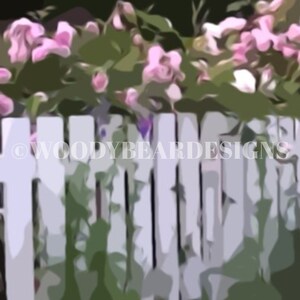 May include: A white picket fence with pink flowers growing over the top. The fence is made of vertical wooden slats and is painted white. The flowers are in full bloom and are a light pink colour. The fence is surrounded by green foliage.