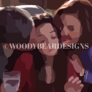 May include: A woman in a red dress is being comforted by two people, one on each side of her. She is holding a glass of wine in her hand.