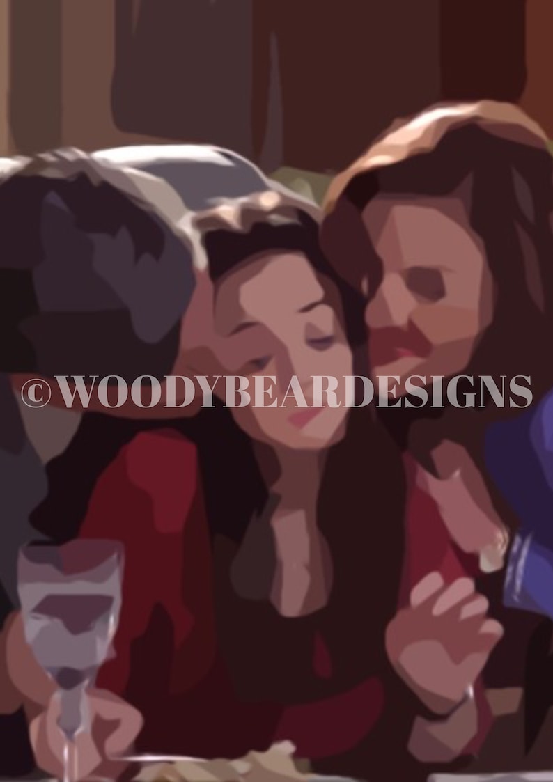May include: A woman in a red dress is being comforted by two people, one on each side of her. She is holding a glass of wine in her hand.