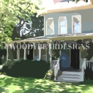 May include: A light blue house with white trim and a porch with white columns. The house has a large garden with green grass and trees. The house has a white picket fence and a white door. The house is surrounded by lush greenery.