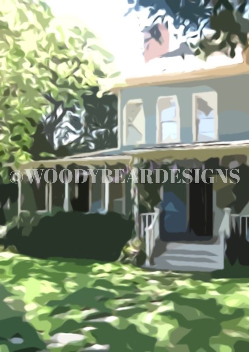 May include: A light blue house with white trim and a porch with white columns. The house has a large garden with green grass and trees. The house has a white picket fence and a white door. The house is surrounded by lush greenery.