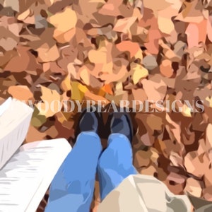 May include: A person wearing blue jeans and black shoes sits on a bed of fallen autumn leaves, reading a book.