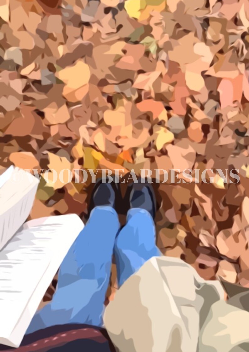 May include: A person wearing blue jeans and black shoes sits on a bed of fallen autumn leaves, reading a book.