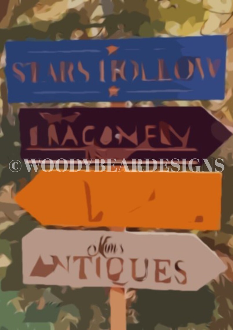 May include: Four wooden signs with arrows pointing in different directions. The top sign is blue with white text that reads "Stars Hollow". The second sign is dark purple with white text that reads "Imagine". The third sign is orange with white text that reads "LA". The bottom sign is beige with brown text that reads "Kim's Antiques".