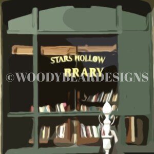May include: A green wooden shopfront with a sign that reads "Stars Hollow Library". The shopfront has shelves filled with books.
