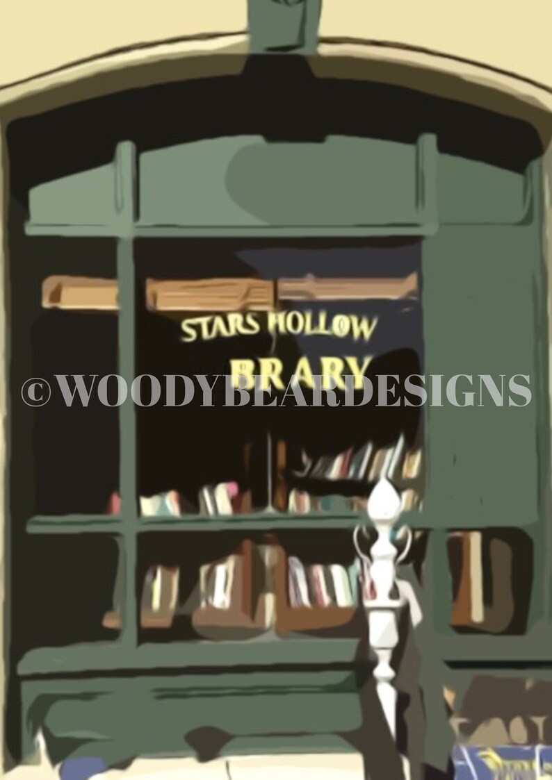 May include: A green wooden shopfront with a sign that reads "Stars Hollow Library". The shopfront has shelves filled with books.