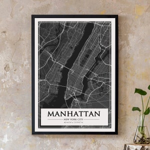 Impression carte noire de Manhattan | affiche de carte de la ville de New York | Imprimé ville noir mat
