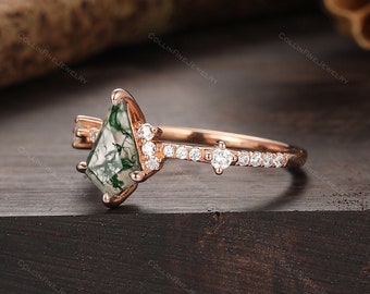 Vintage grüner Achat Ring, 14k Roségold Versprechen Ring, Drachenform 1.35CT natürlicher Moosachat Ring, zierlicher Ehering, Jahrestagsgeschenk Ring
