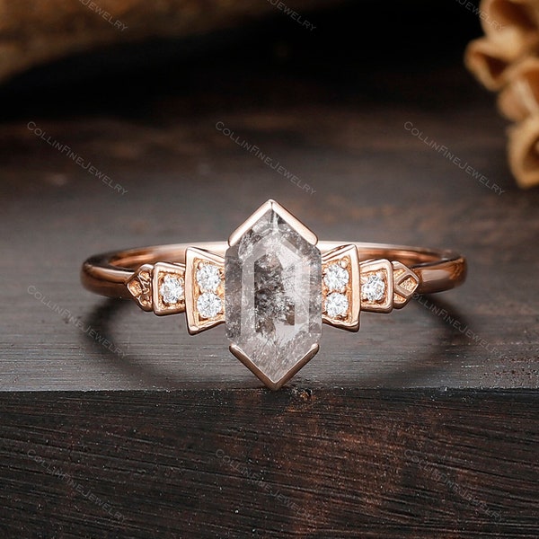 Vintage Salt & Pepper Diamond Engagement Ring, Long Hexagon Cut Black Diamond Wedding Ring, Art Deco Galaxy Raw Salt and Pepper Diamond Ring