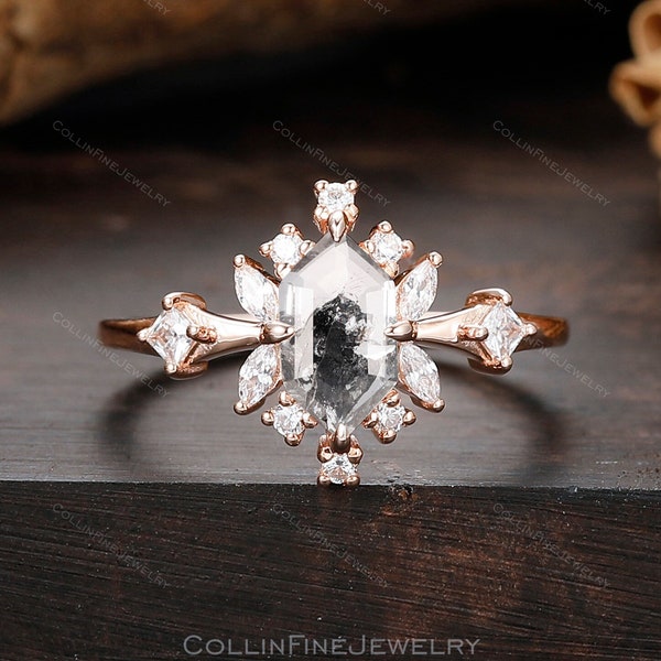Natural Herkimer Diamond Ring, Long Hexagon Cut Diamond Engagement Ring, 14k Gold Promise Ring, Unique Diamond Ring, Wedding Promise Ring