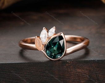 Pear Teal Sapphire Engagement Ring, Vintage Bridal Ring, Solid 14k Rose Gold Ring, Natural Teal Sapphire Ring, Dainty Wedding Promise Ring