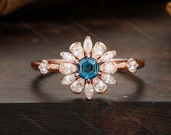 Art Deco Topaz Ring, 14k Solid Gold Ring, Hexagon Shape Blue Topaz Ring, Dainty Flower Engagement Ring, Promise Wedding Anniversary Ring