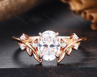 Anillo de moissanita de forma ovalada, anillo de hoja único, anillo de compromiso de oro sólido, anillo nupcial de moissanita, anillo de promesa Art Déco, regalo de aniversario