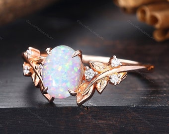 Vintage Oval Shape Opal Ring, Unique Leaf Ring, Solid Gold Engagement Ring, White Opal Bridal Ring, Art Deco Promise Ring, Anniversary Gift