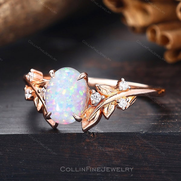 Vintage Oval Shape Opal Ring, Unique Leaf Ring, Solid Gold Engagement Ring, White Opal Bridal Ring, Art Deco Promise Ring, Anniversary Gift