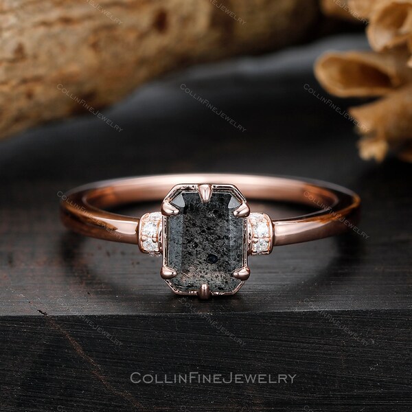 Vintage Galaxy Raw Salt and Pepper Diamond Ring, Emerald Cut 1CT Herkimer Diamond Ring, 14k Rose Gold Ring, Black Diamond Ring, Unique Ring